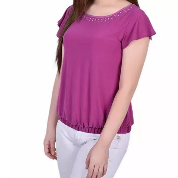 NY Collection Plus Size Flutter Sleeve top with studded  neckline Top| Size 3X - Picture 1 of 3